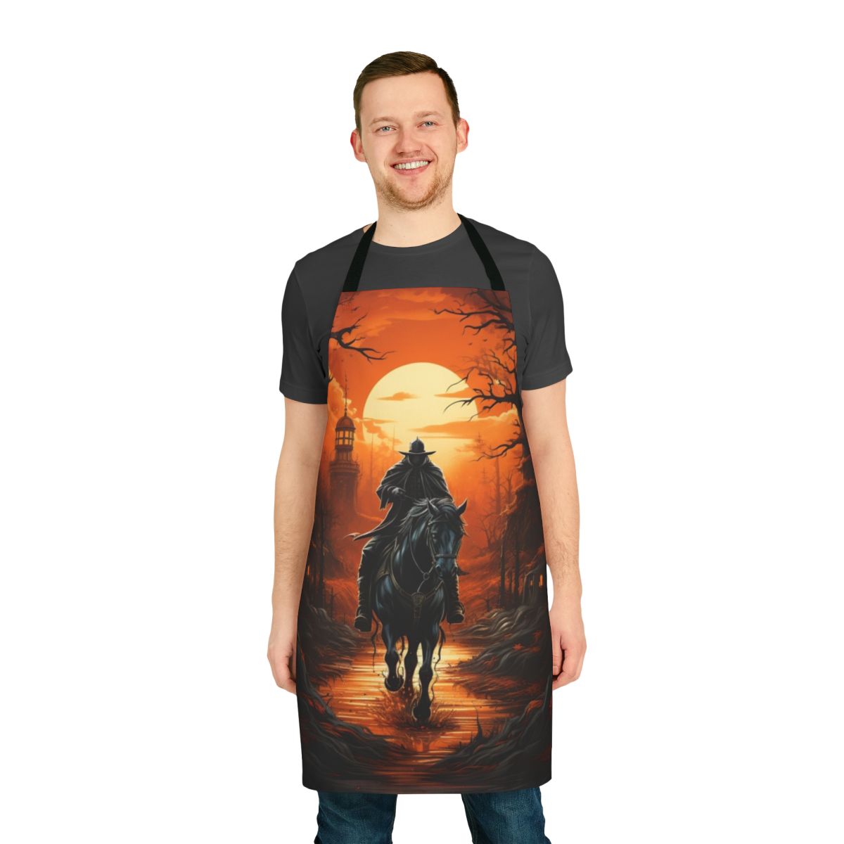 A black apron with a design of the Headless Horseman, a classic Halloween icon.
