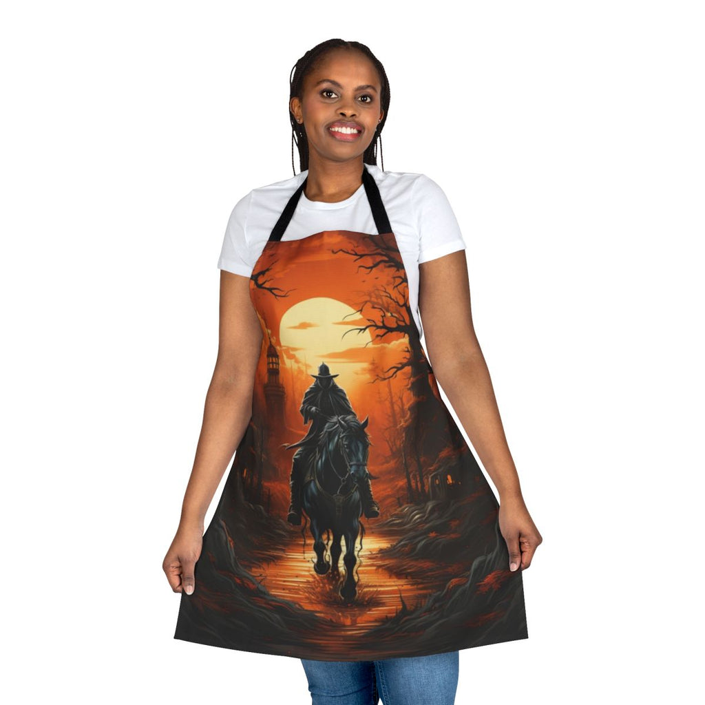 A black apron with a design of the Headless Horseman, a classic Halloween icon.