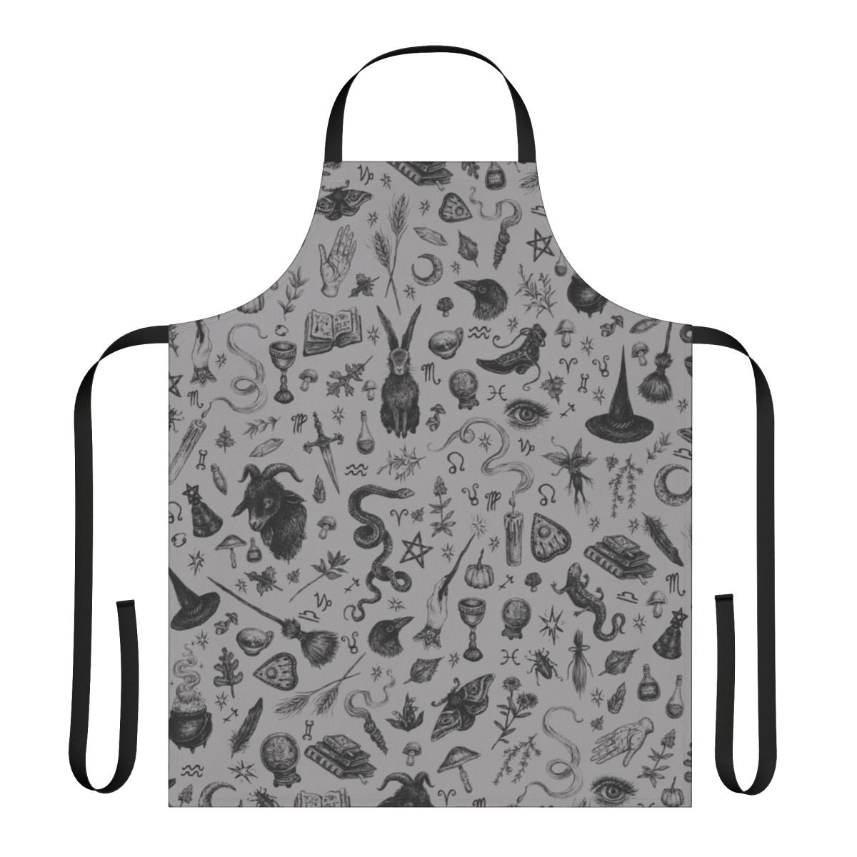 A black apron with a spooky Salem witch design, including a rabbit, snake, and crow.