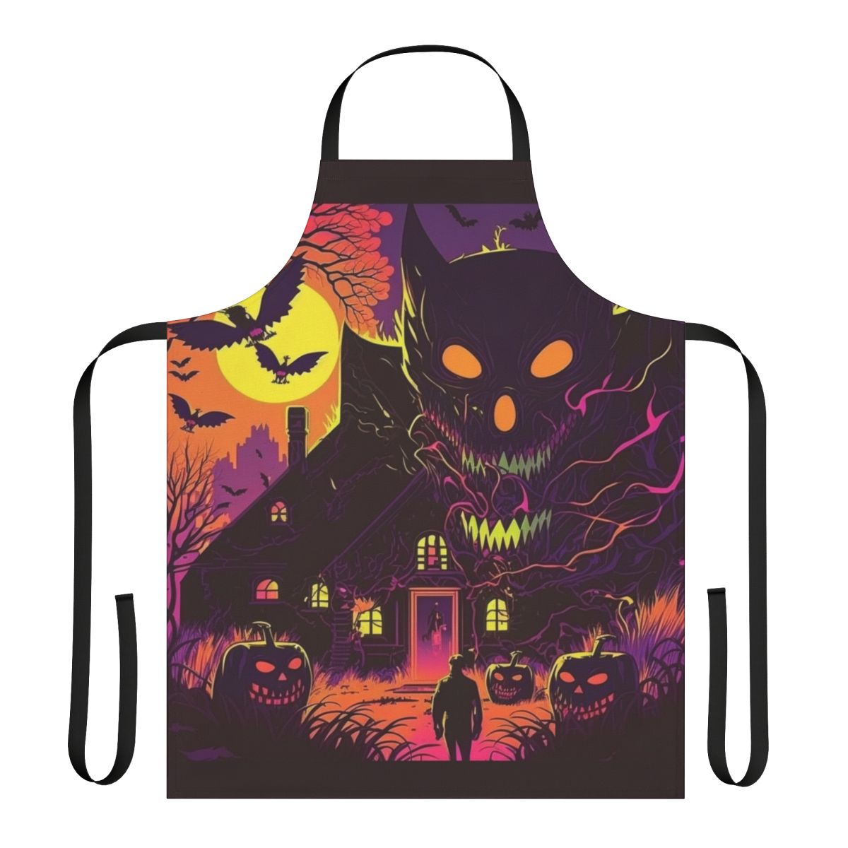 Spooky and creepy apron featuring a Halloween scene with pumpkins, monsters, and other dark elements.