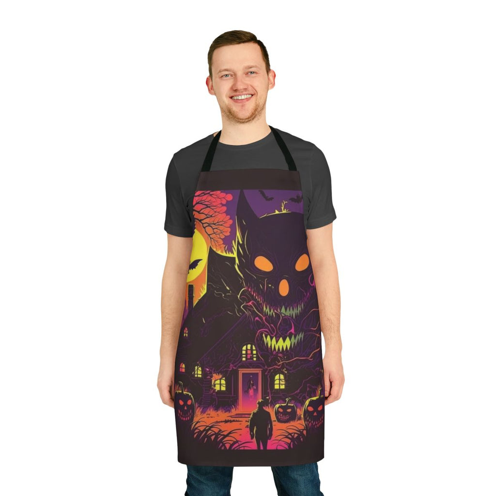 Spooky and creepy apron featuring a Halloween scene with pumpkins, monsters, and other dark elements.