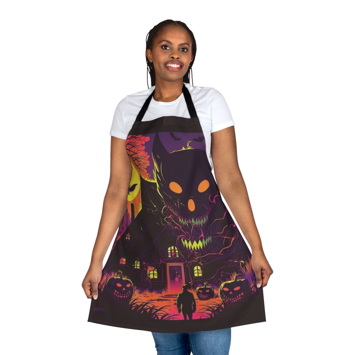 Spooky and creepy apron featuring a Halloween scene with pumpkins, monsters, and other dark elements.