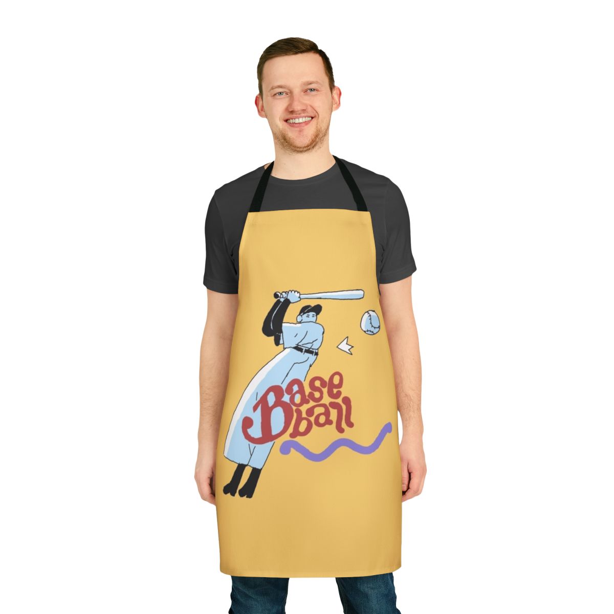 Spooky baseball-themed apron with bat, ball, and ghost motifs