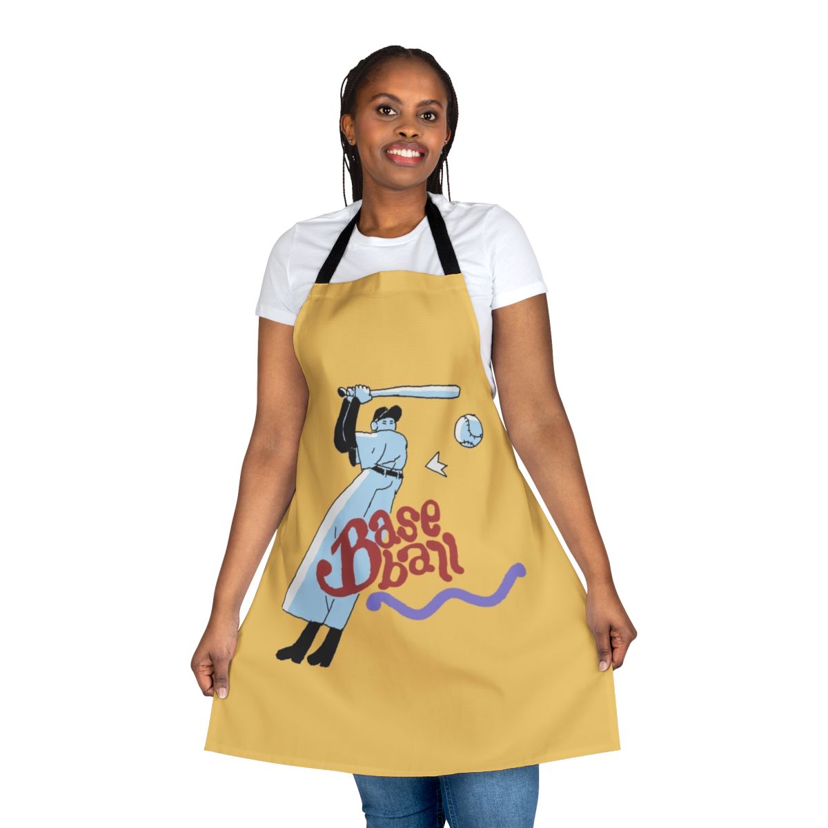 Spooky baseball-themed apron with bat, ball, and ghost motifs