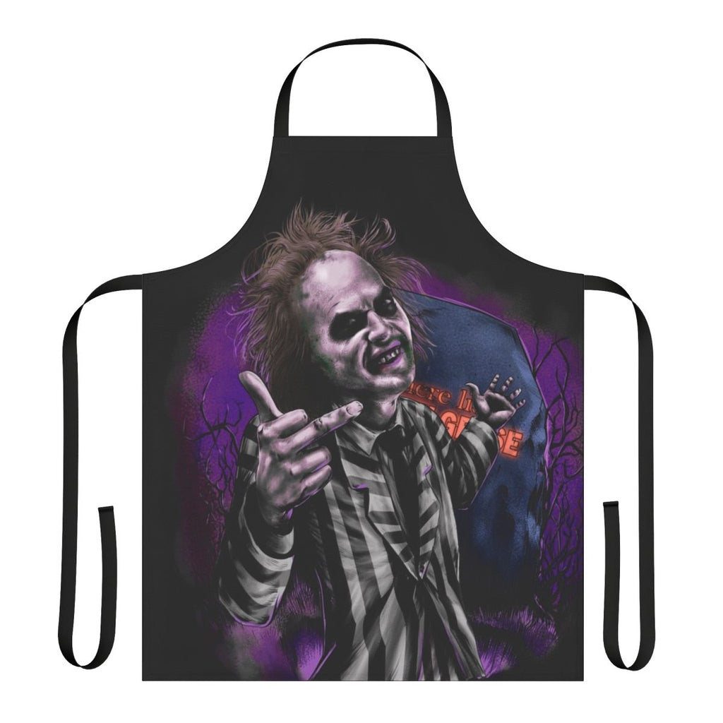 A durable black apron with a Beetlejuice-inspired gothic and spooky design