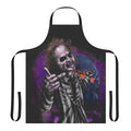 A durable black apron with a Beetlejuice-inspired gothic and spooky design