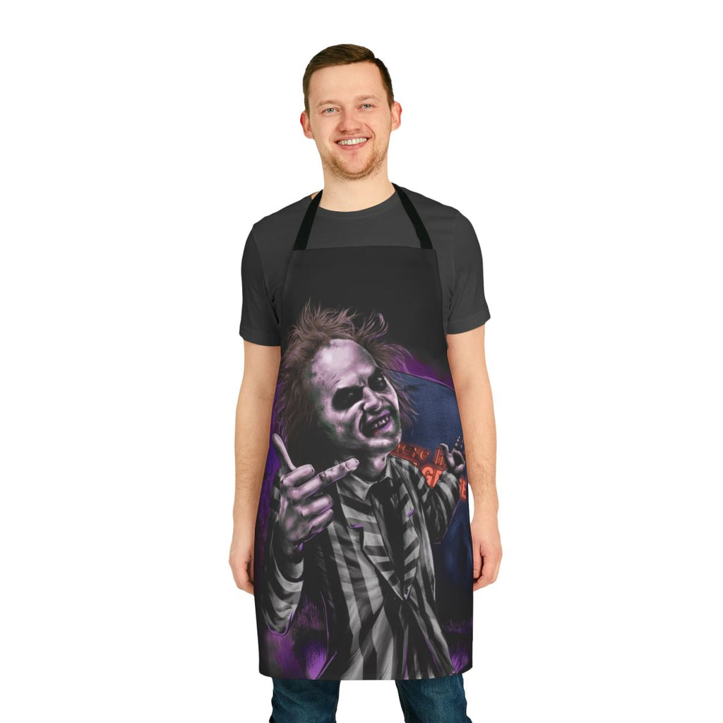 A durable black apron with a Beetlejuice-inspired gothic and spooky design