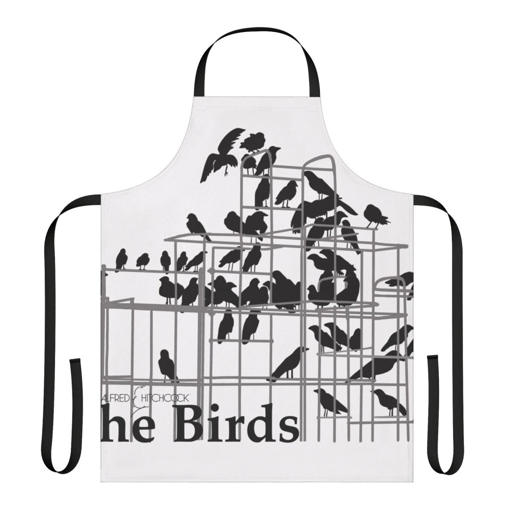 Apron with black bird and raven graphic inspired by Alfred Hitchcock's classic thriller film The Birds