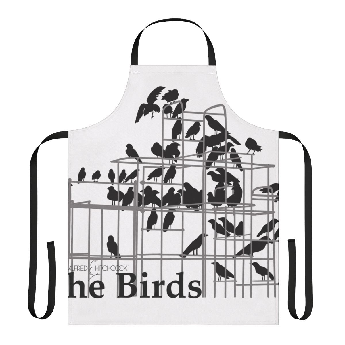 Apron with black bird and raven graphic inspired by Alfred Hitchcock's classic thriller film The Birds