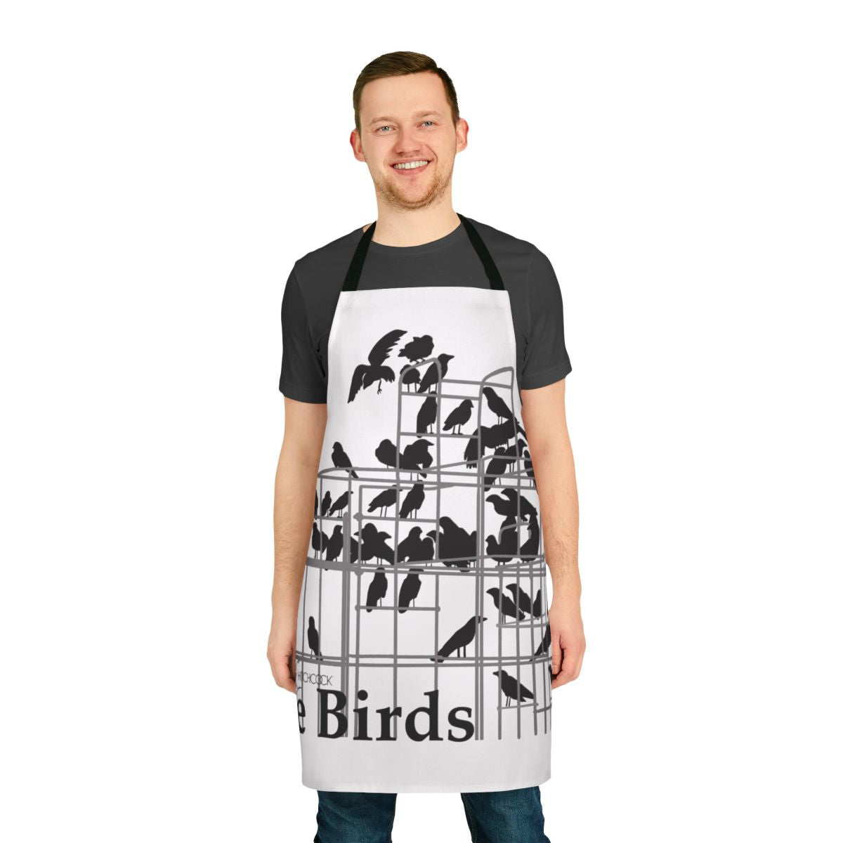 Apron with black bird and raven graphic inspired by Alfred Hitchcock's classic thriller film The Birds
