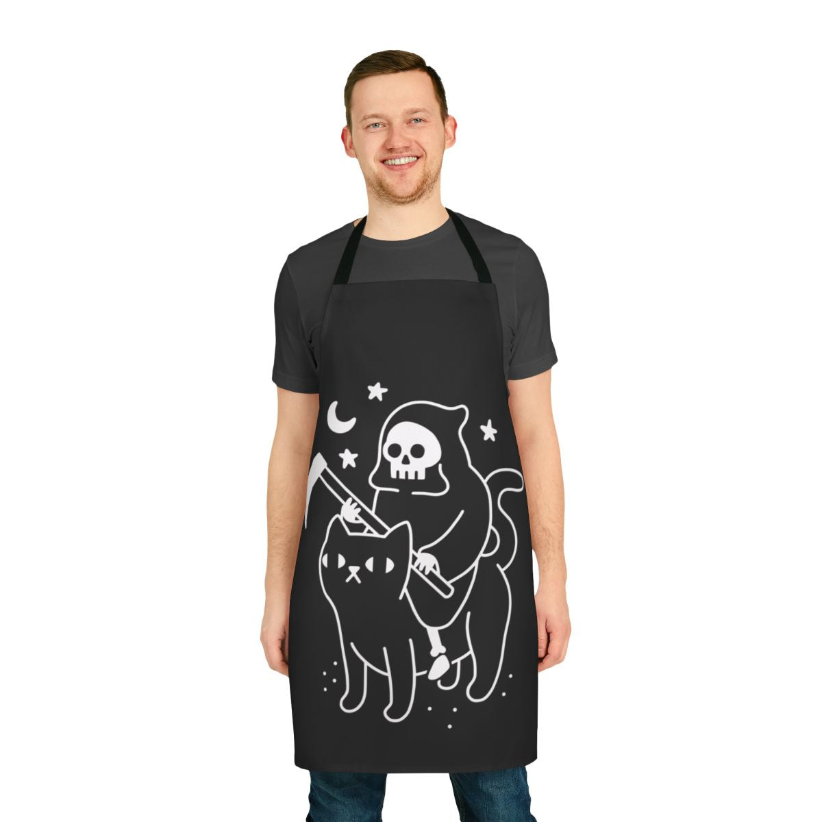 Spooky black cat apron with grim reaper design