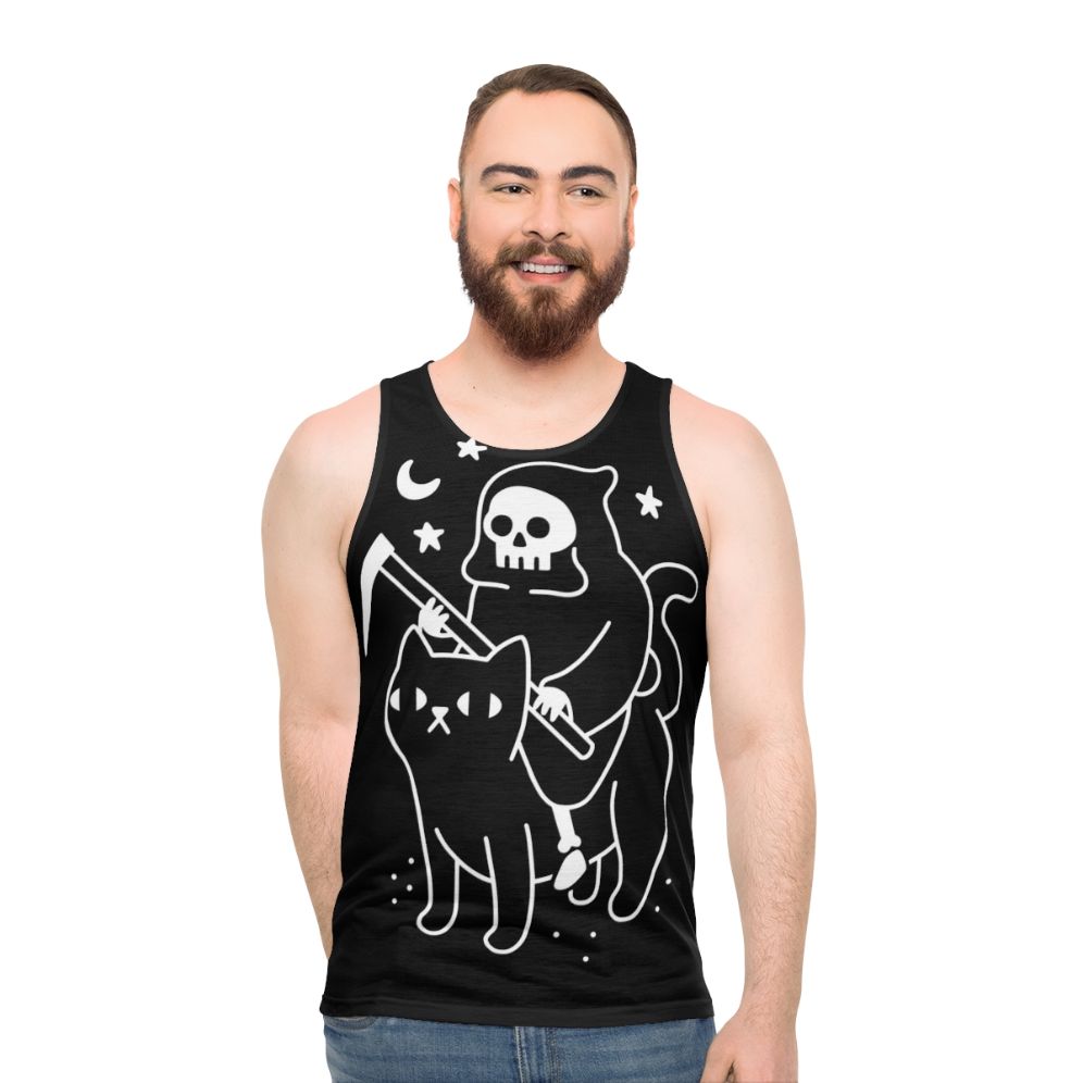 Unisex spooky black cat death rides unisex tank top