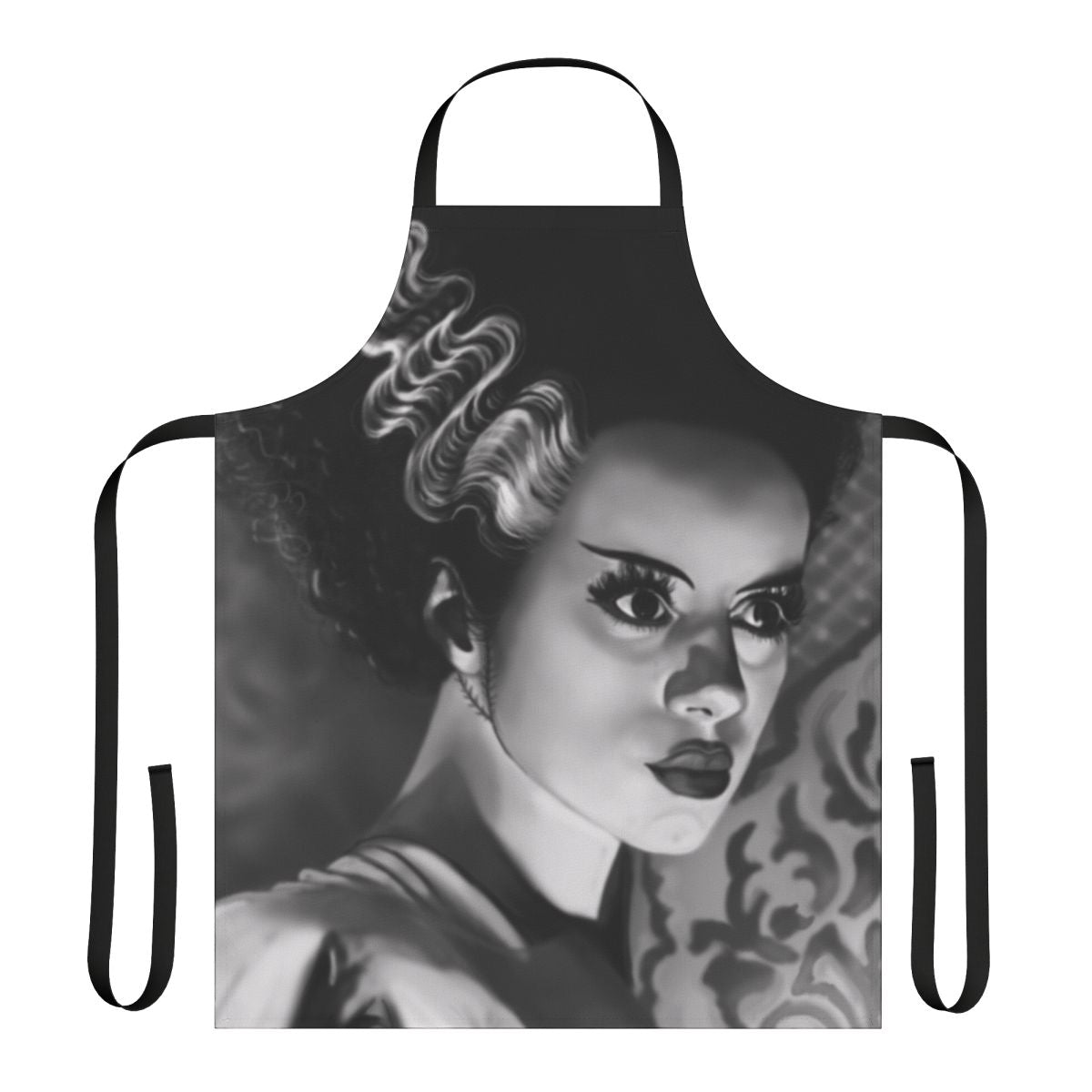 A white apron featuring a bride-inspired design with gothic and horror-themed elements, perfect for fans of classic monster movies.