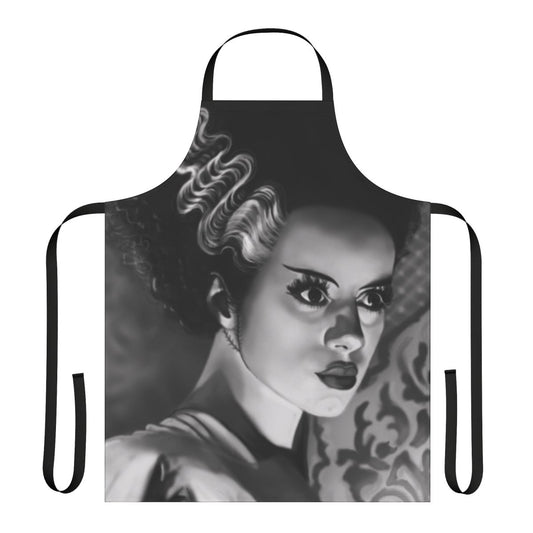 A white apron featuring a bride-inspired design with gothic and horror-themed elements, perfect for fans of classic monster movies.
