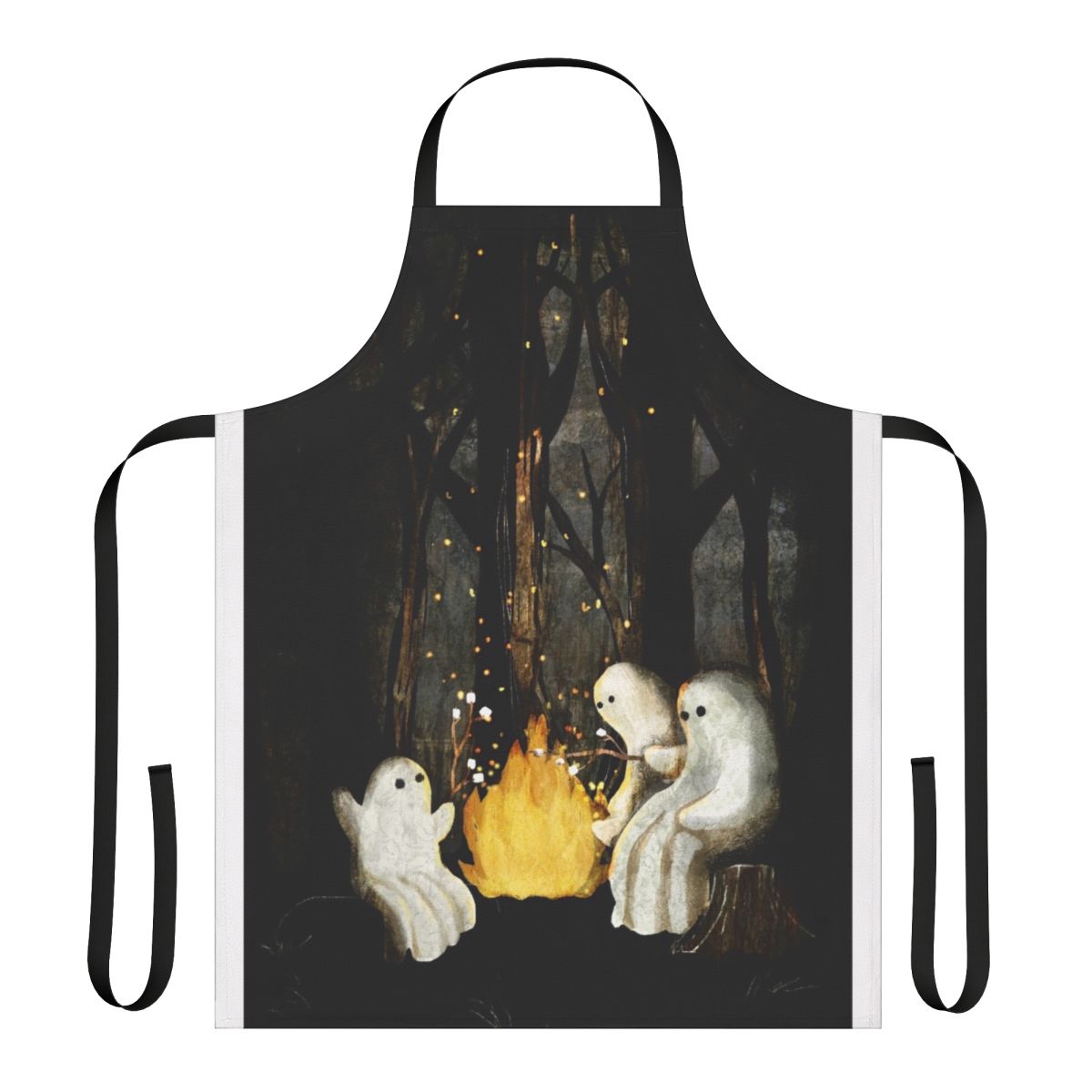 Apron with a spooky campfire, ghost stories, and marshmallow roasting design