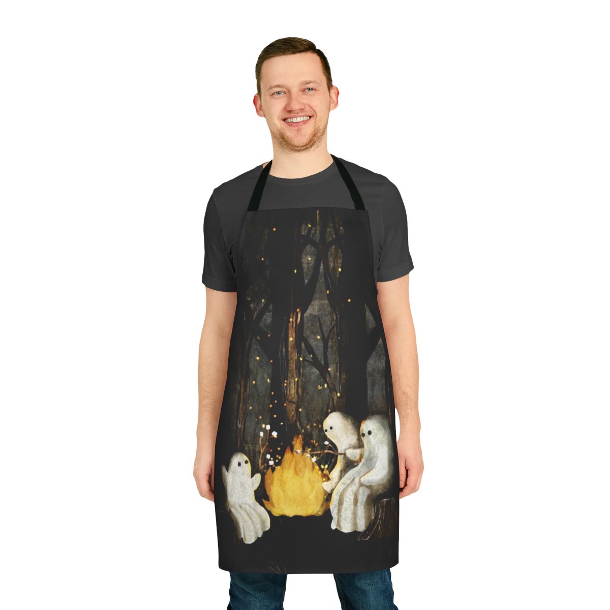 Apron with a spooky campfire, ghost stories, and marshmallow roasting design