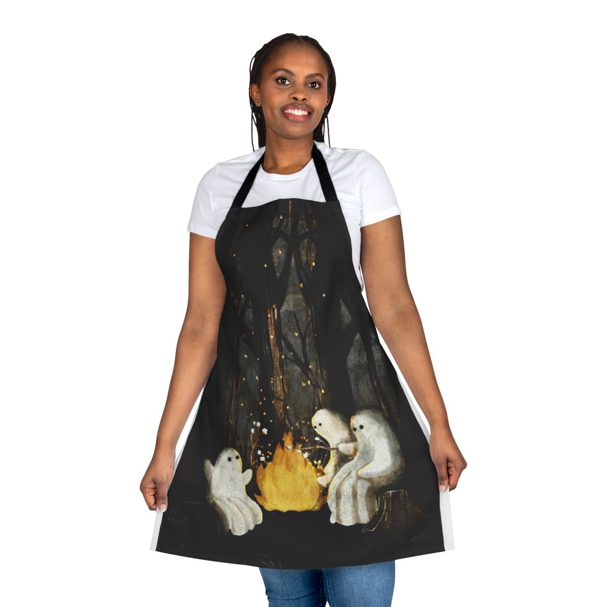 Apron with a spooky campfire, ghost stories, and marshmallow roasting design