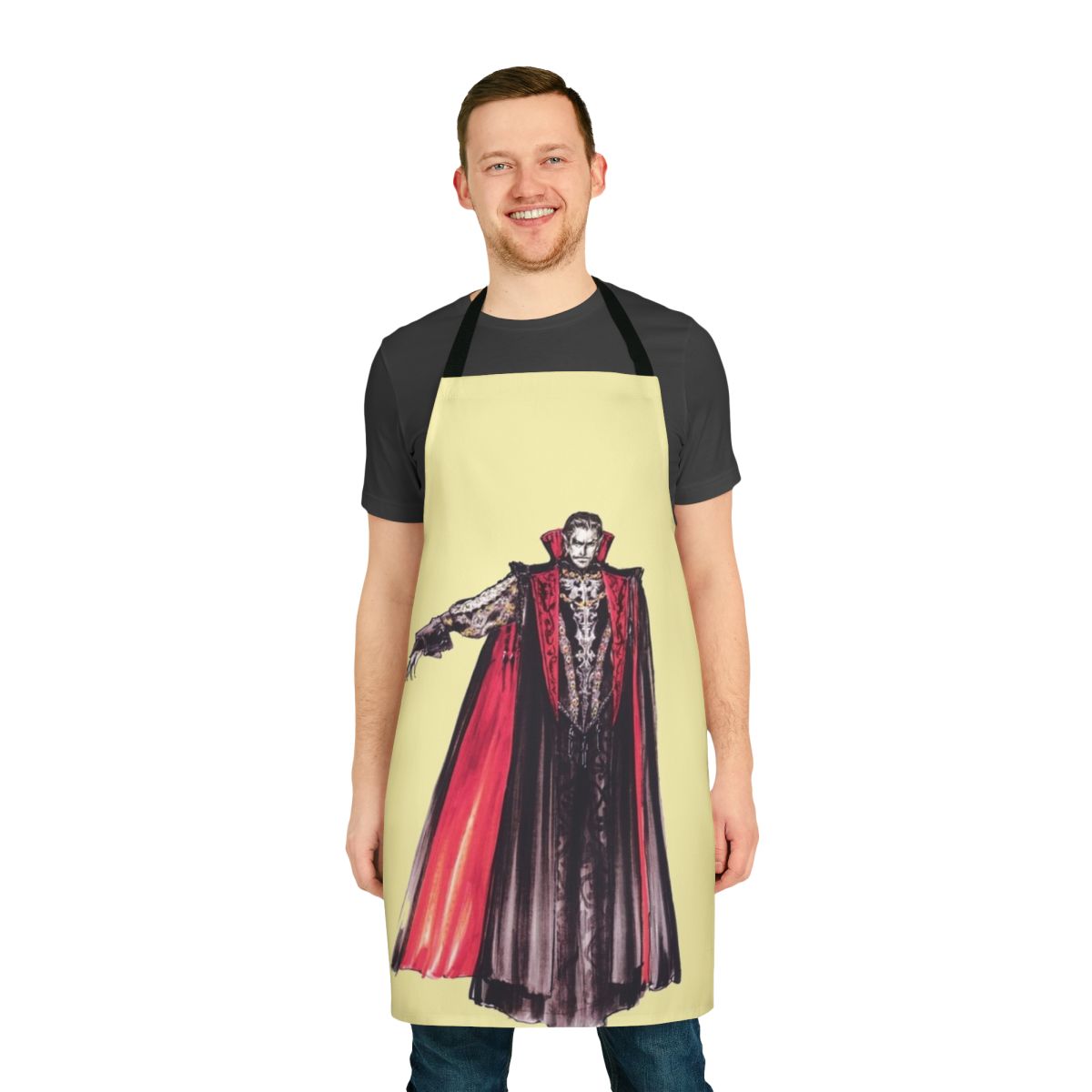 Castlevania-inspired apron with Dracula design, perfect for horror fans and retro gaming enthusiasts.