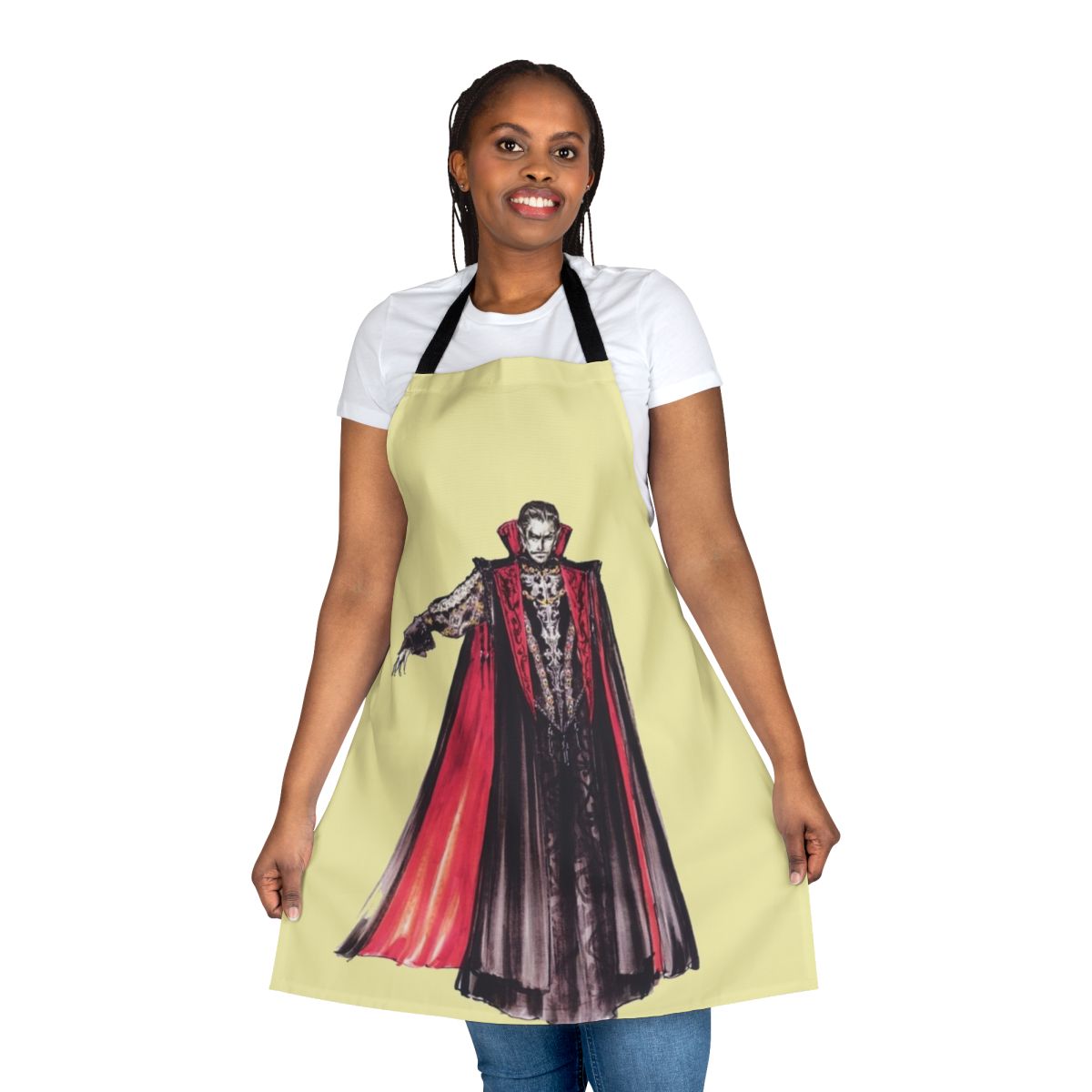 Castlevania-inspired apron with Dracula design, perfect for horror fans and retro gaming enthusiasts.