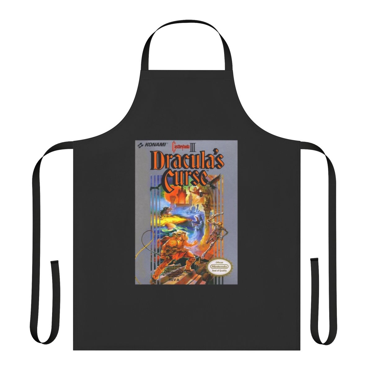 Castlevania-themed apron with Dracula and horror imagery for retro gaming fans