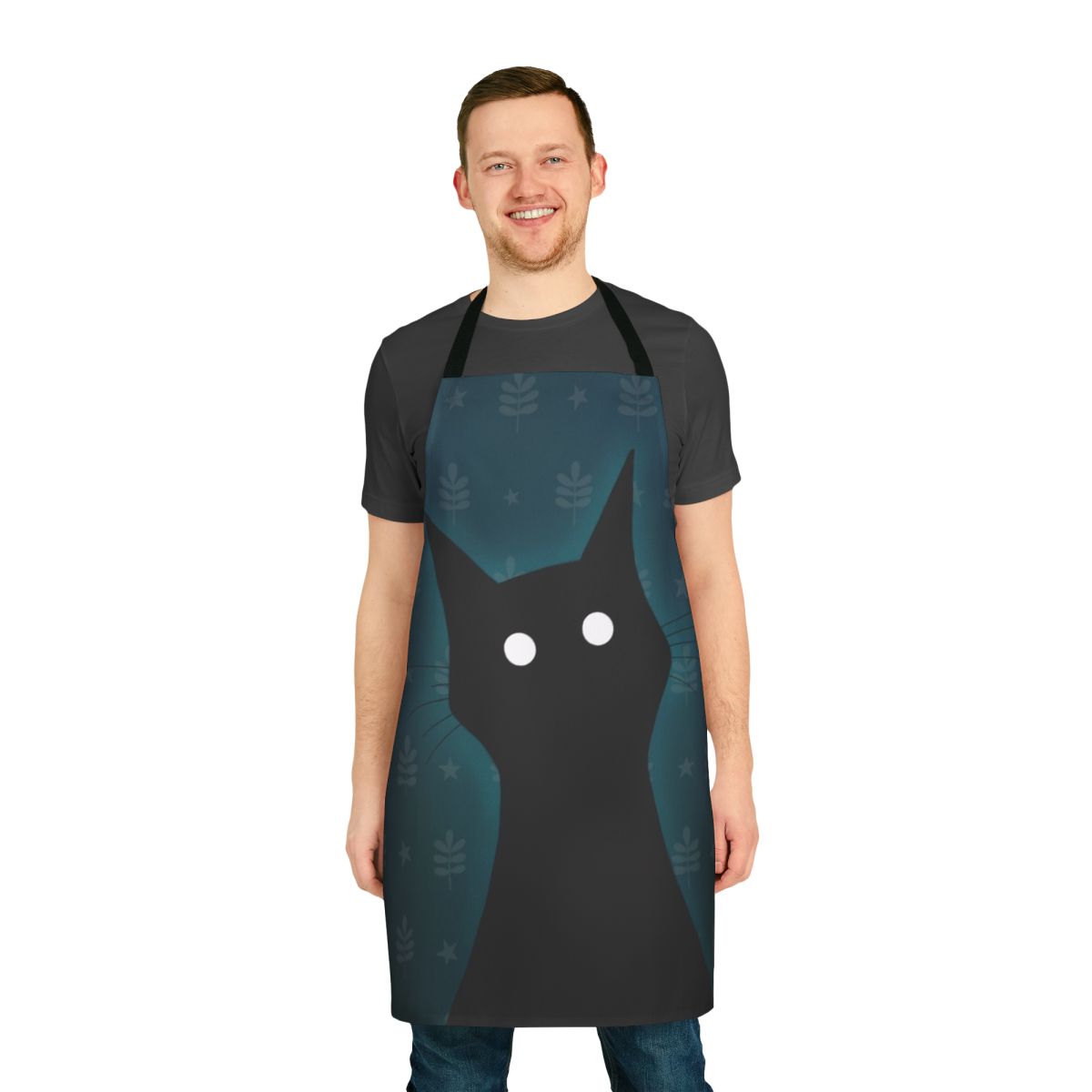 A spooky black cat illustration on a high-quality apron for cat lovers
