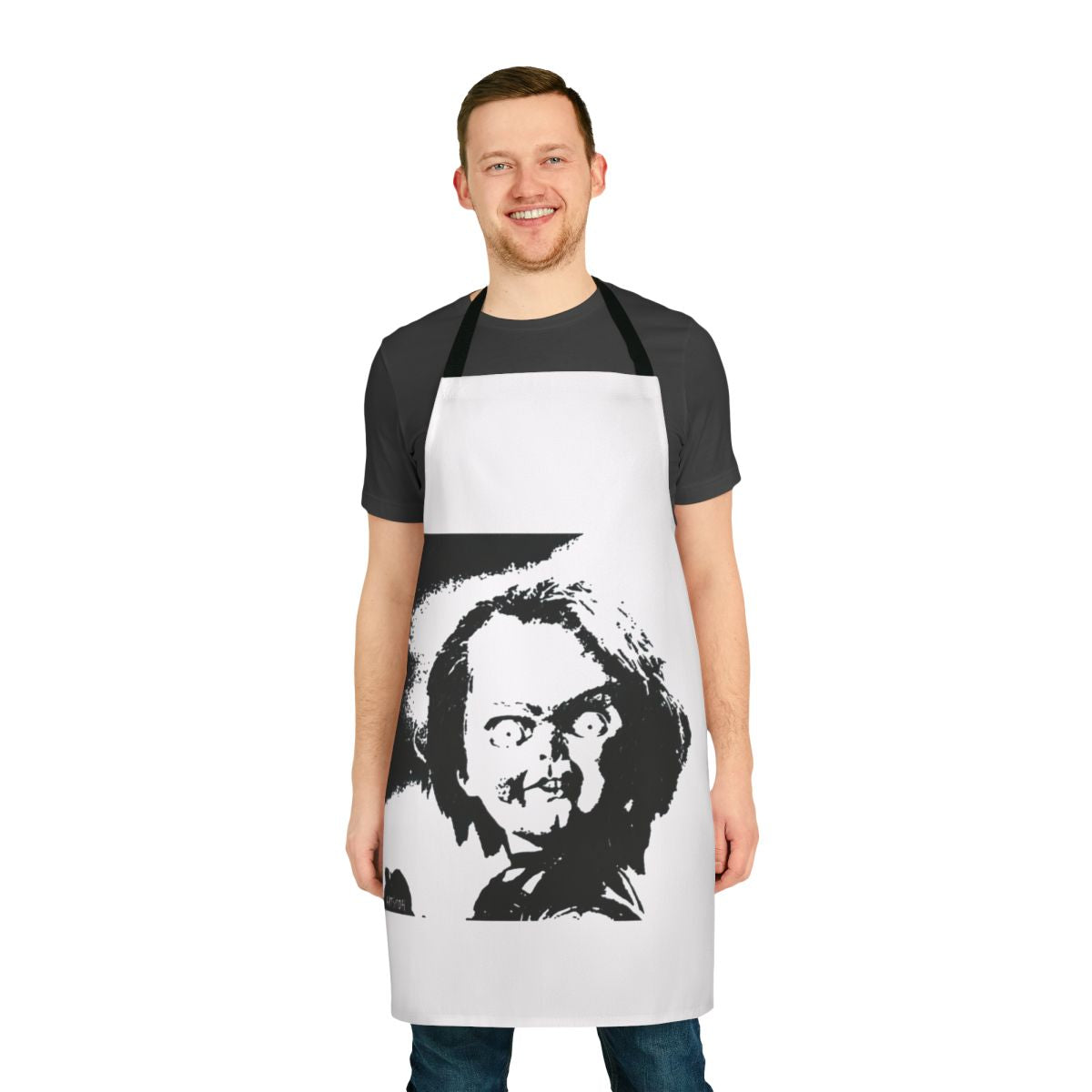 Stylish apron featuring the iconic horror character Chucky from the Child's Play movie franchise