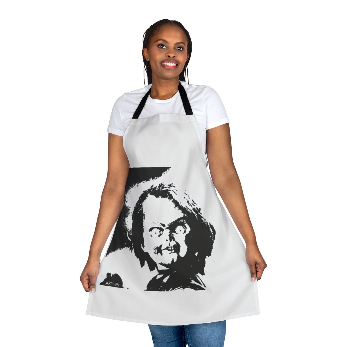 Stylish apron featuring the iconic horror character Chucky from the Child's Play movie franchise