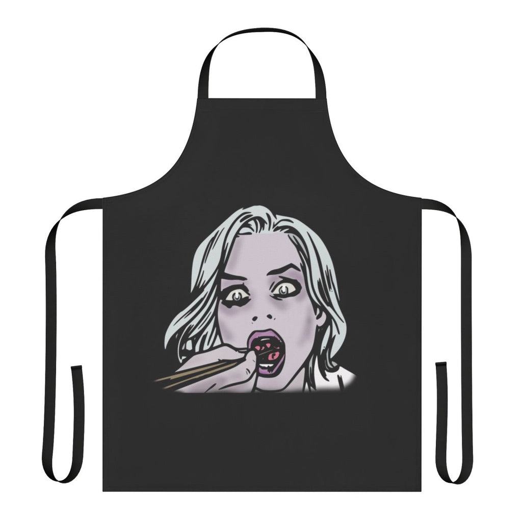 Stylized zombie-themed apron with comic book graphics and horror imagery