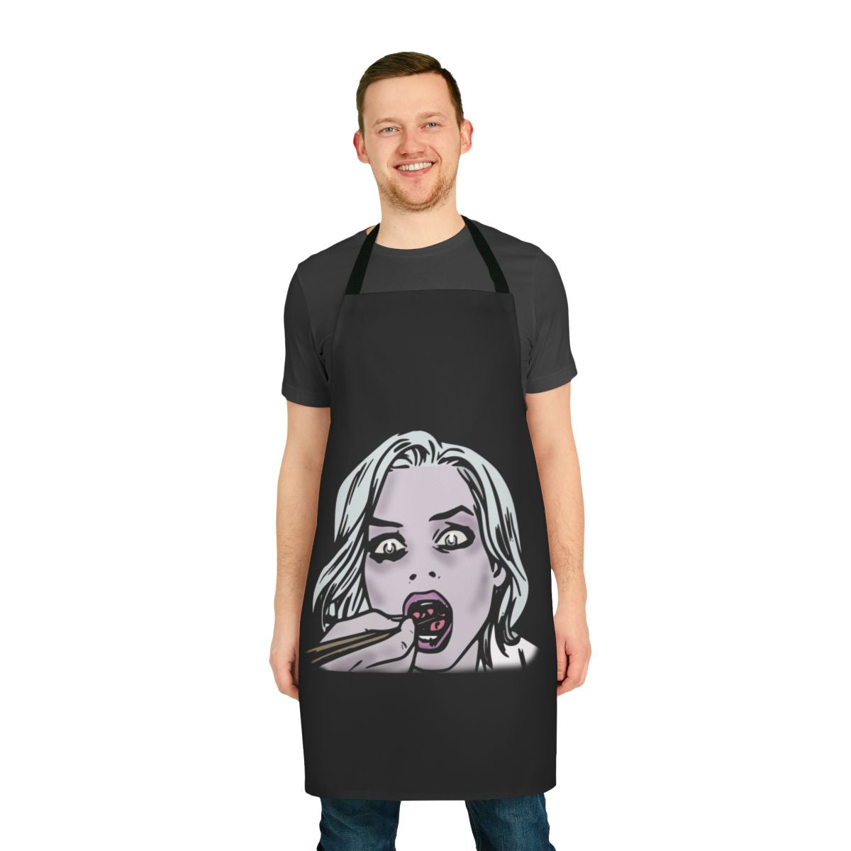 Stylized zombie-themed apron with comic book graphics and horror imagery