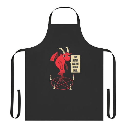 "Black and white apron with 'Could Have Been An Email' text and spooky graphic elements"