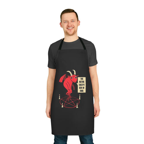 "Black and white apron with 'Could Have Been An Email' text and spooky graphic elements"