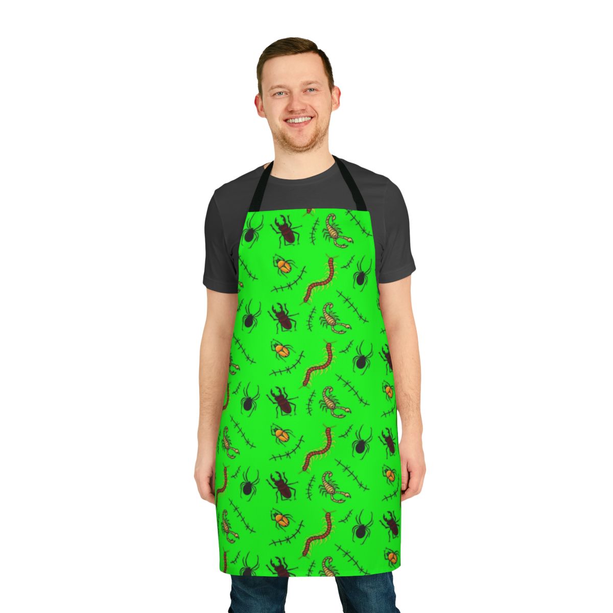 Spooky apron with creepy bugs, spiders, and monster design