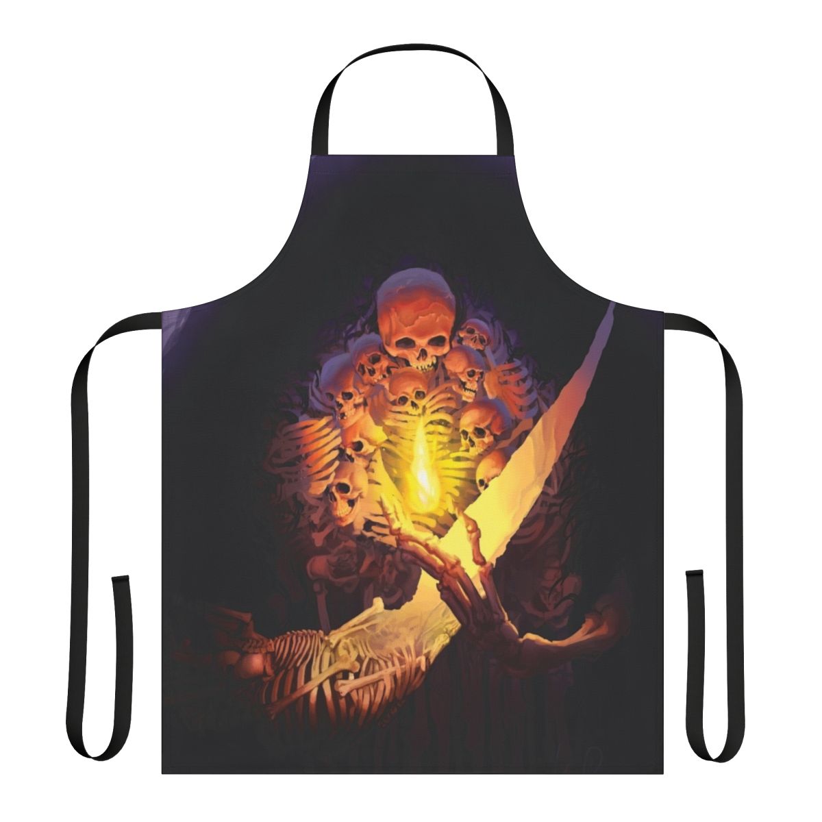 Spooky dark gothic horror-inspired apron featuring a skull and skeleton design