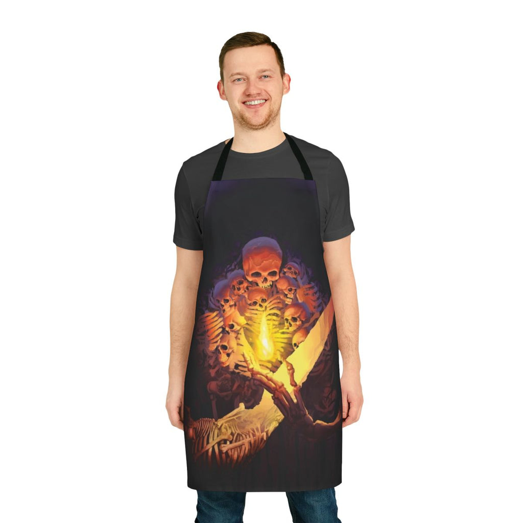 Spooky dark gothic horror-inspired apron featuring a skull and skeleton design