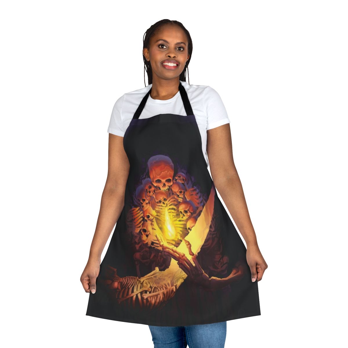 Spooky dark gothic horror-inspired apron featuring a skull and skeleton design
