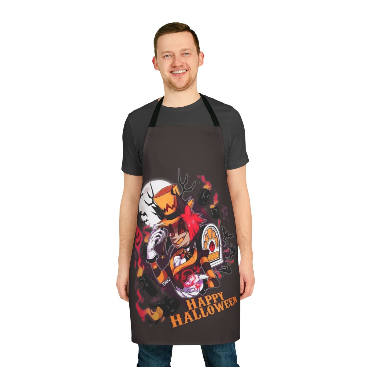 Spooky demon-themed apron with Hazbin Hotel character Alastor