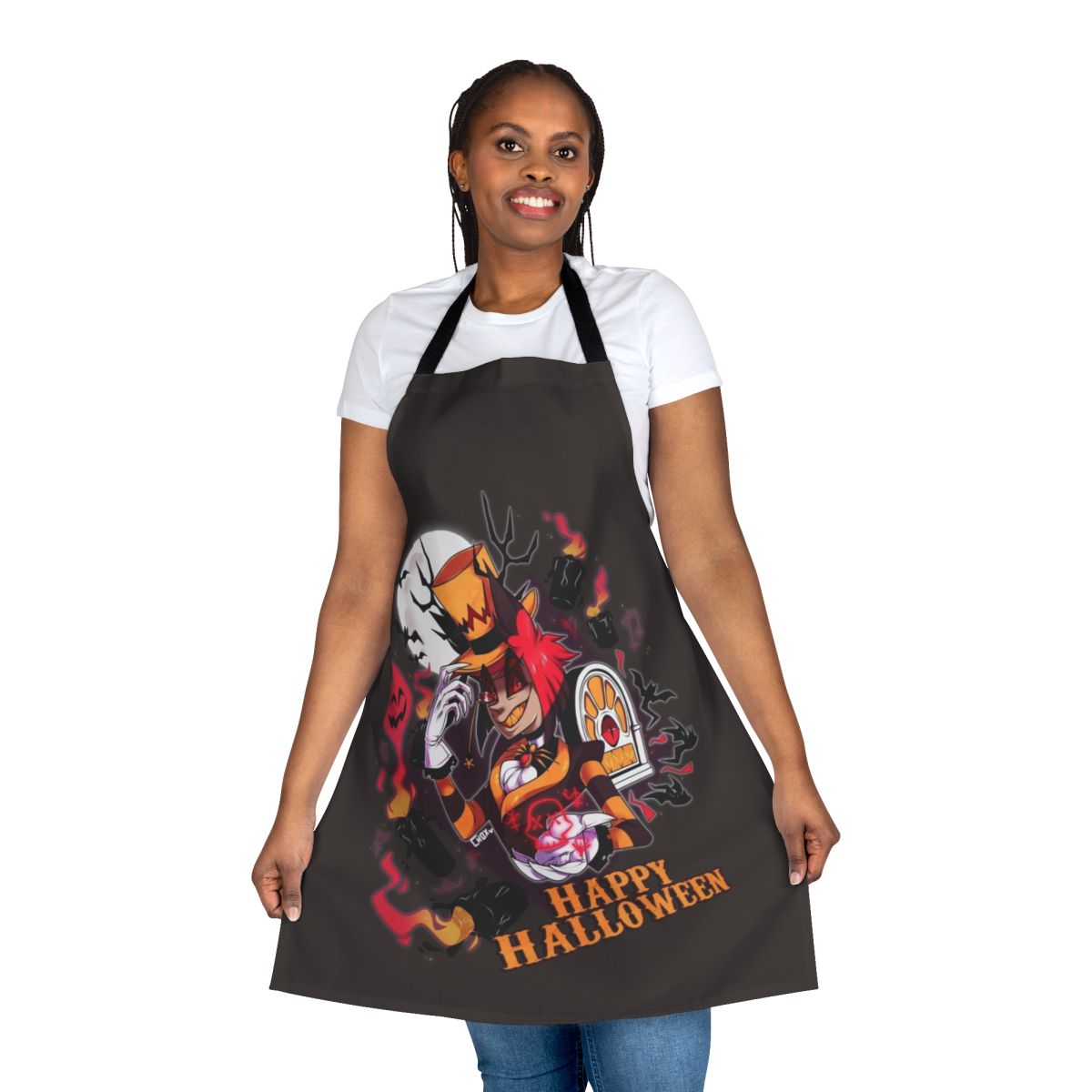 Spooky demon-themed apron with Hazbin Hotel character Alastor