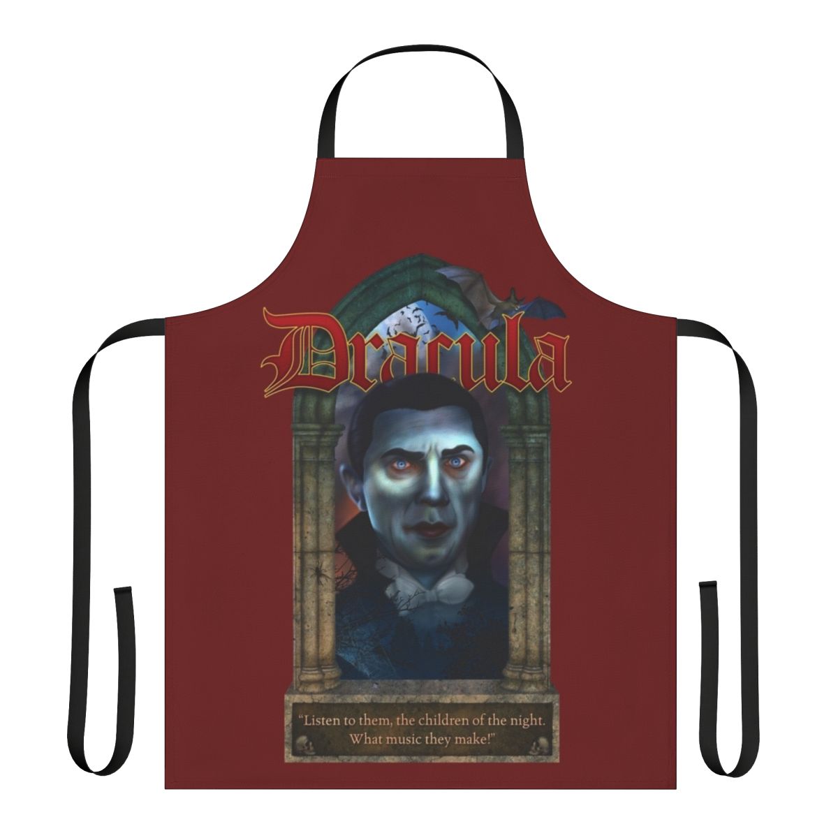 Dracula-themed apron with classic vampire imagery and Gothic design