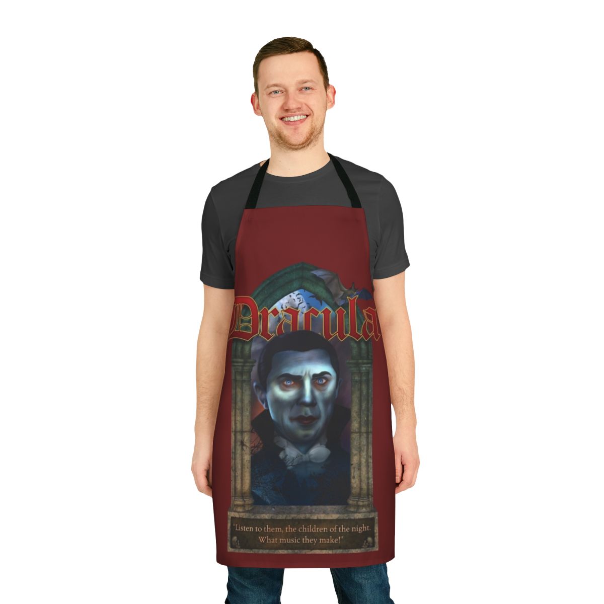 Dracula-themed apron with classic vampire imagery and Gothic design