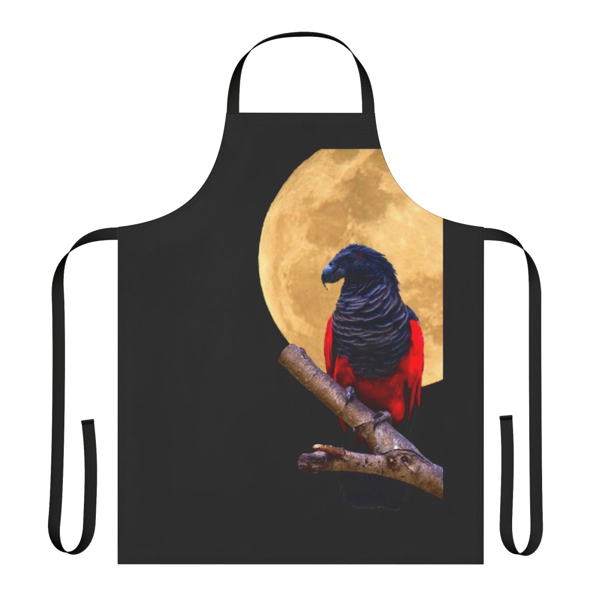 Illustration of a spooky Dracula-themed parrot on a black apron