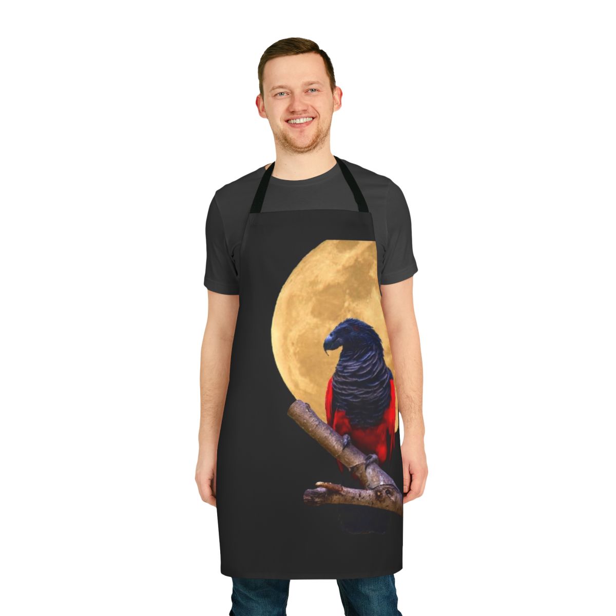 Illustration of a spooky Dracula-themed parrot on a black apron