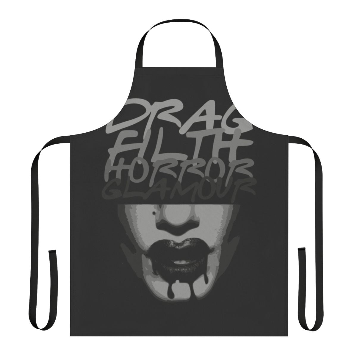A spooky and glamorous apron featuring horror-inspired designs, perfect for drag enthusiasts and Halloween celebrations.