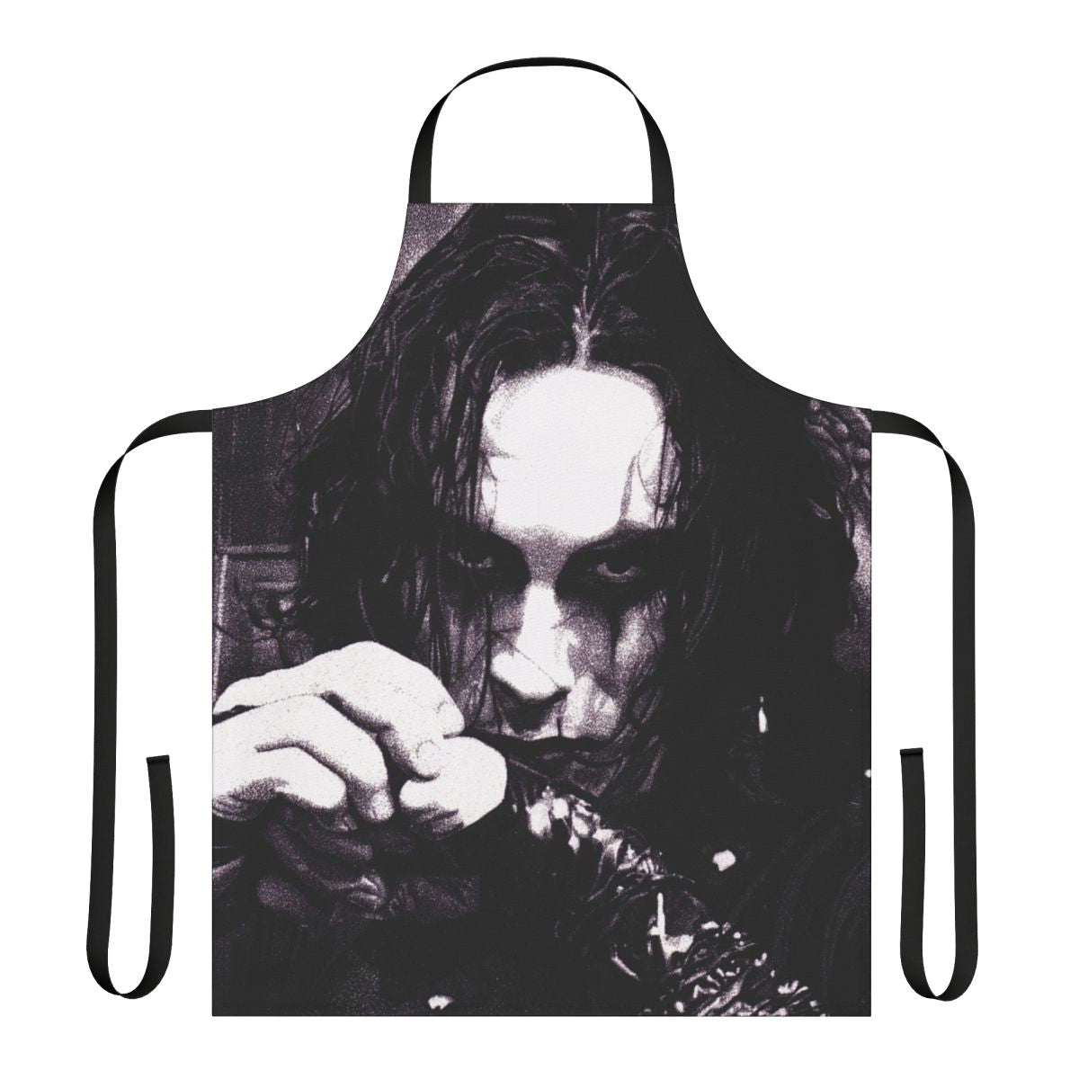A black and white apron featuring the iconic image of Eric Draven from the cult classic film "The Crow".