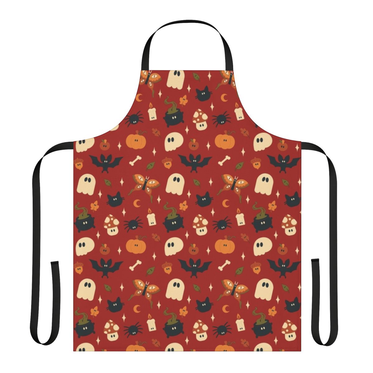 Spooky fall apron with a whimsical pattern featuring pumpkins, mushrooms, and other autumnal elements