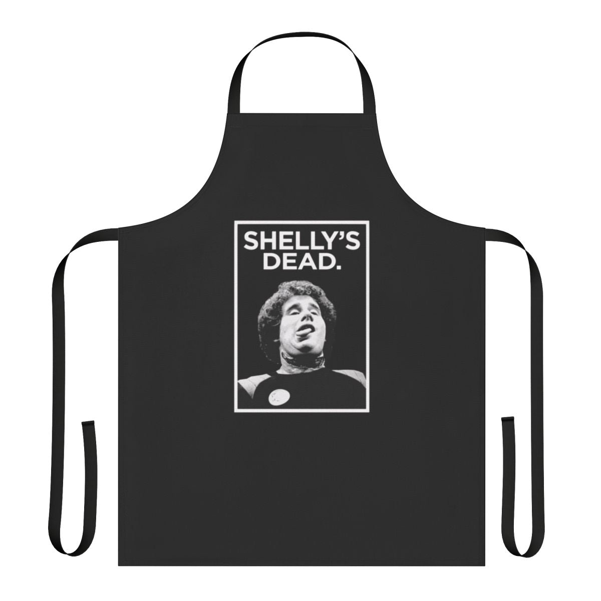 A black apron featuring the character Shelly Finklestein from the Friday the 13th horror movie franchise.