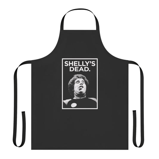 A black apron featuring the character Shelly Finklestein from the Friday the 13th horror movie franchise.