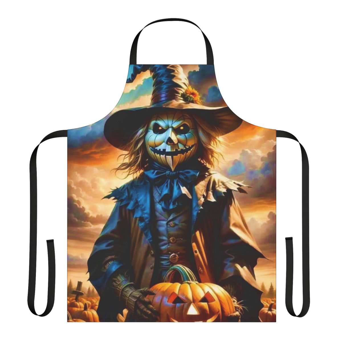 A black and white apron with a creepy design to scare away birds from your garden.
