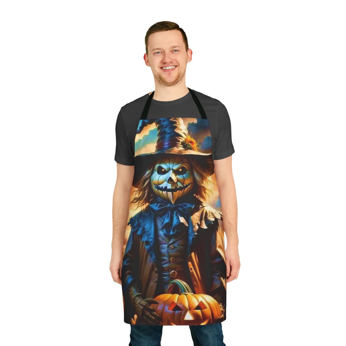 A black and white apron with a creepy design to scare away birds from your garden.