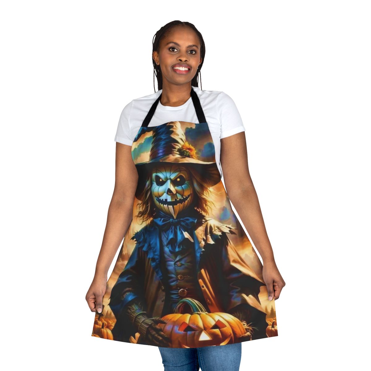 A black and white apron with a creepy design to scare away birds from your garden.
