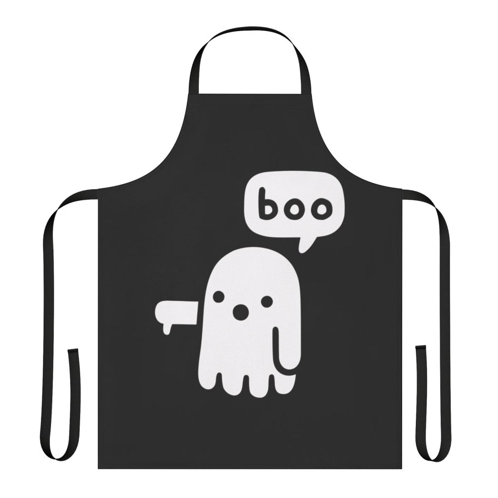 Stylized illustration of a ghostly figure on a black and white apron